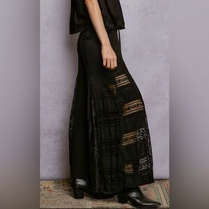 Wide pants thermal lace mix w/satin tie detail pointed solid pattern. Black